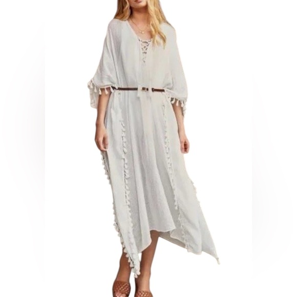 Walter Baker Cover Up One Size White Acapulco Kaftan Maxi Dress Tassels #186 - Picture 1 of 14